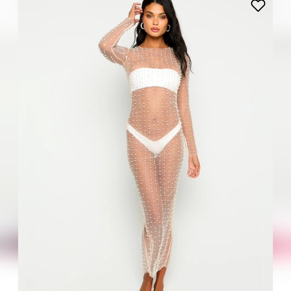 Beach Bunny Sheer Pearl-Embellished Swim Coverup - Cream With White Pearls